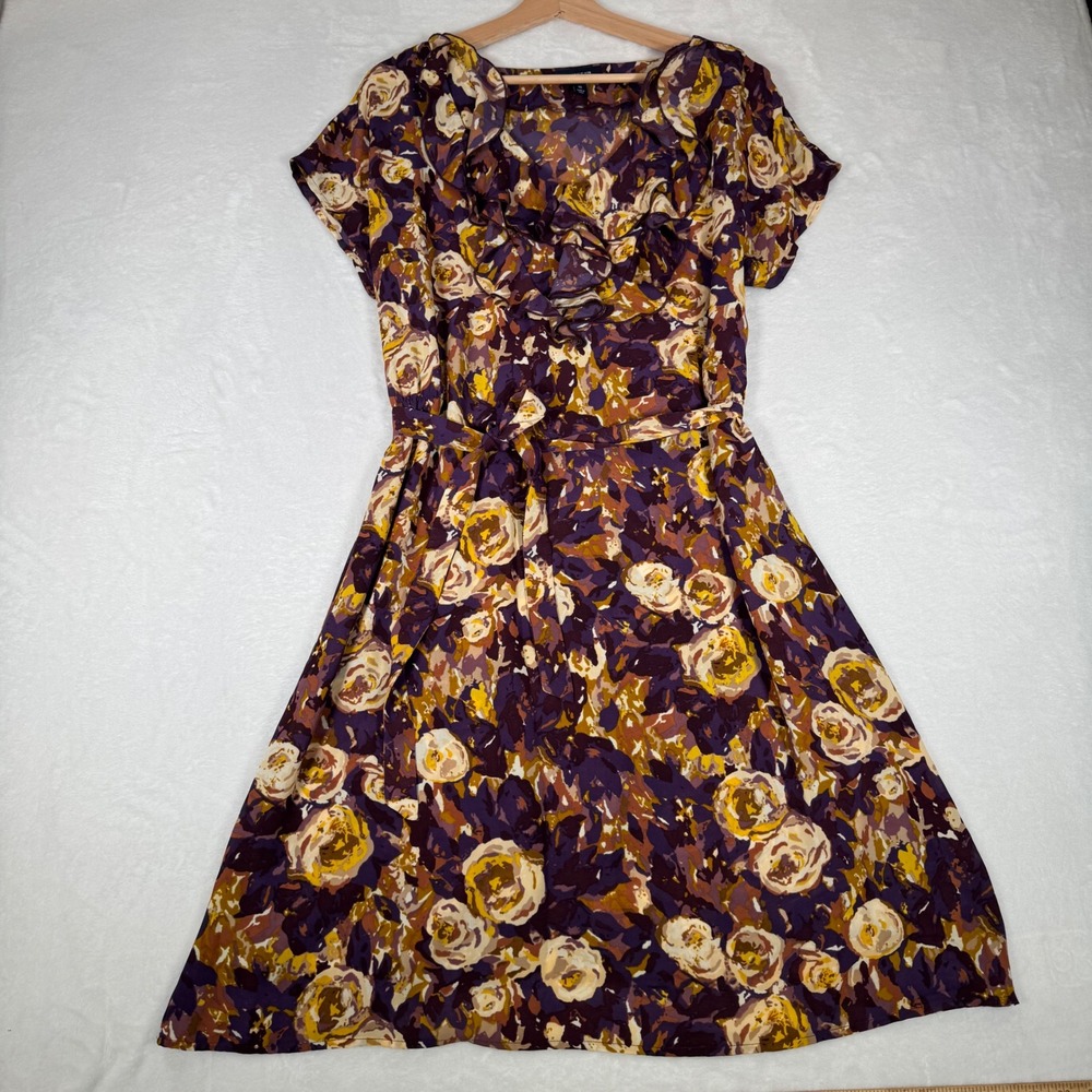 Lands End Floral Dress Wmns 10 Purple Ruffle Tie Waist Knee Length 422383A Boho - Picture 2 of 9